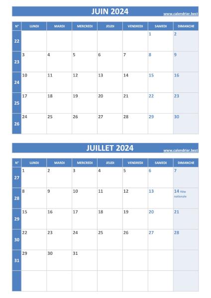 Calendrier juin juillet 2024, portrait, bleu.