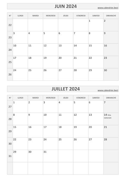 Calendrier juin juillet 2024, portrait, gris.