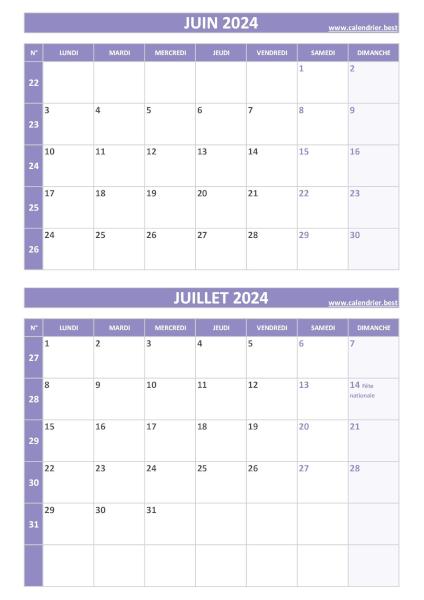 Calendrier juin juillet 2024, portrait, violet.