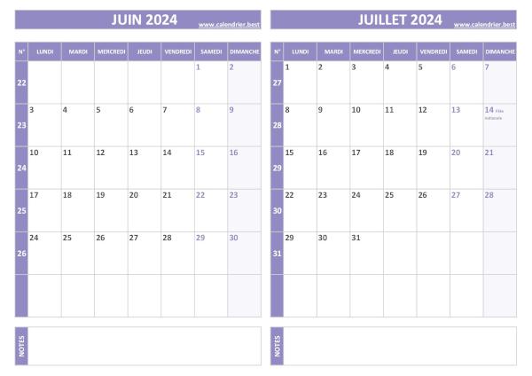 Calendrier juin juillet 2024.