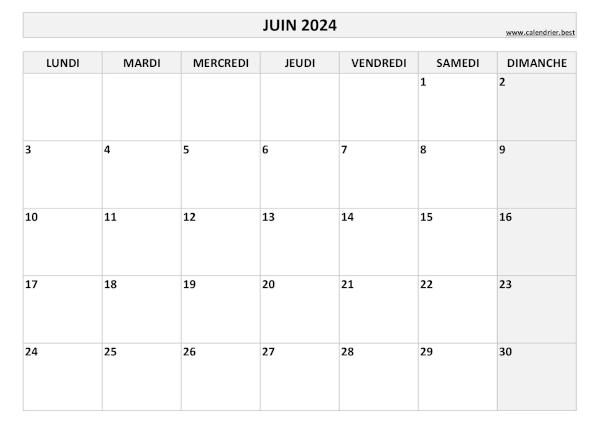 Calendrier du mois de juin 2024 à imprimer.