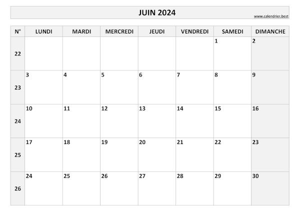 Calendrier juin 2024 avec numéros de semaine et jours fériés.