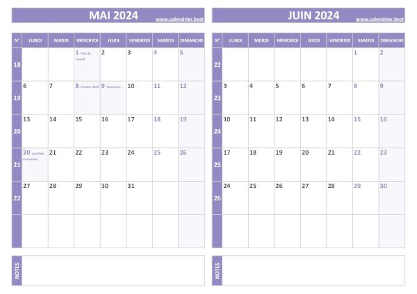 Calendrier mai juin 2024.