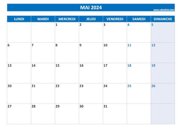 Calendrier Mai 2024 à imprimer.