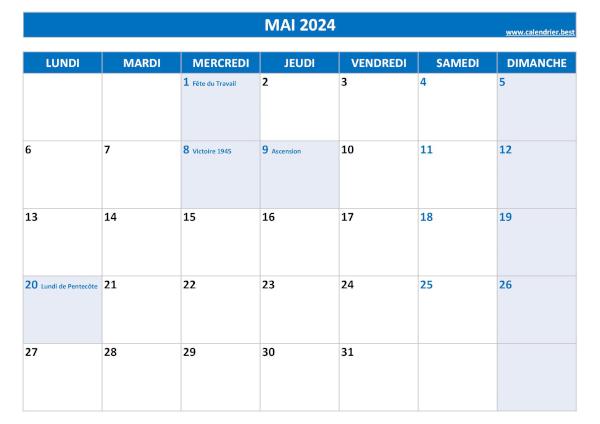 Calendrier Mai 2024 à imprimer avec jours fériés.