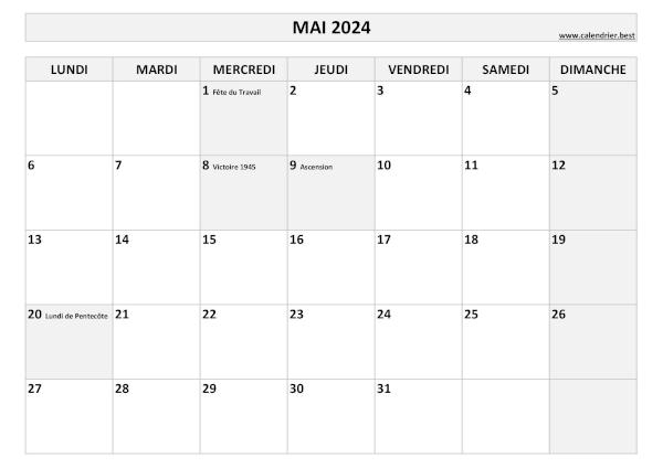 Calendrier Mai 2024 à imprimer avec jours fériés.