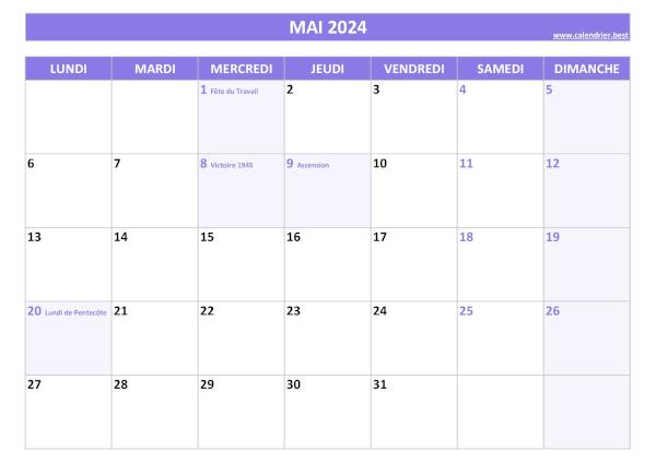 Calendrier Mai 2024 à imprimer avec jours fériés.