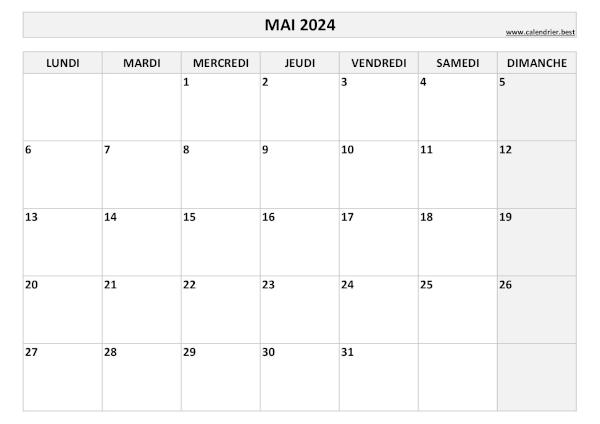 Calendrier Mai 2024 à imprimer.