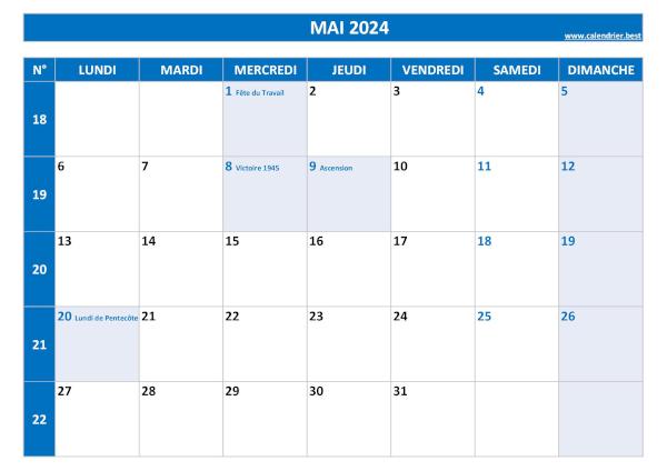 Calendrier mai 2024 avec semaines paires et impaires.