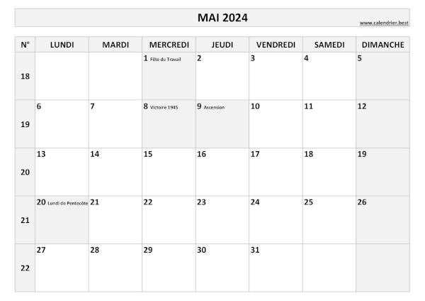 Calendrier mai 2024 avec numéros de semaine et jours fériés.