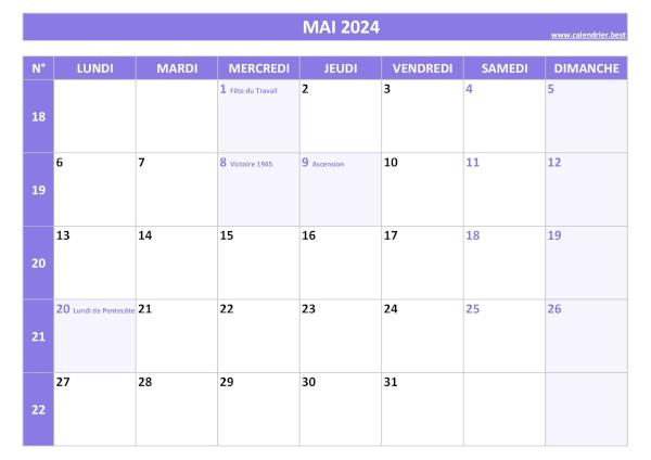 Calendrier du mois de mai 2024 avec semaines à imprimer.