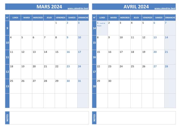 Calendrier mars avril 2024.