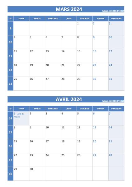 Calendrier mars avril 2024, portrait, bleu.