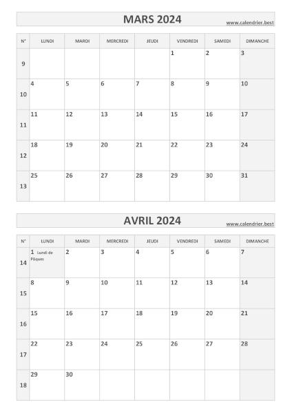 Calendrier mars avril 2024, portrait, gris.