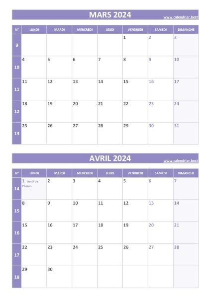 Calendrier mars avril 2024, portrait, violet.