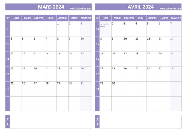 Calendrier mars avril 2024.