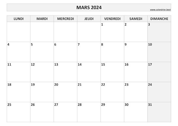 Calendrier mars 2024 vierge à imprimer.