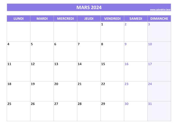 Calendrier mars 2024 à imprimer.