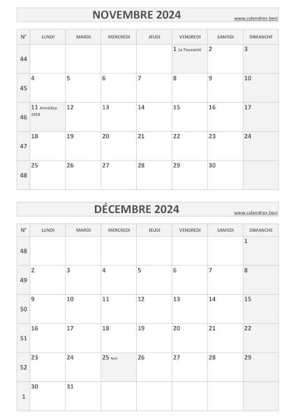 Calendrier novembre et décembre, portrait, gris.