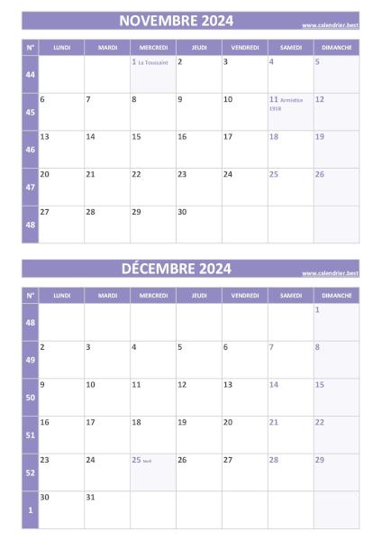 Calendrier novembre et décembre, portrait, violet.