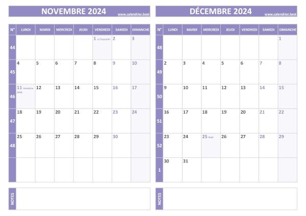 Calendrier novembre et décembre.