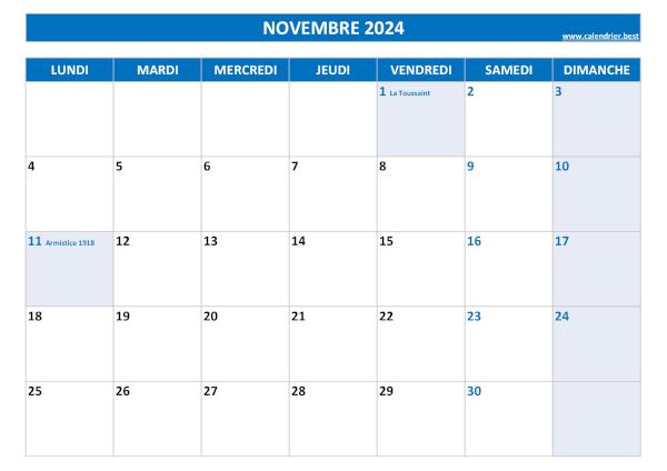 Calendrier Novembre 2024 à imprimer avec jours fériés.