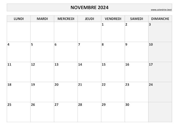 Calendrier Novembre 2024 à imprimer.