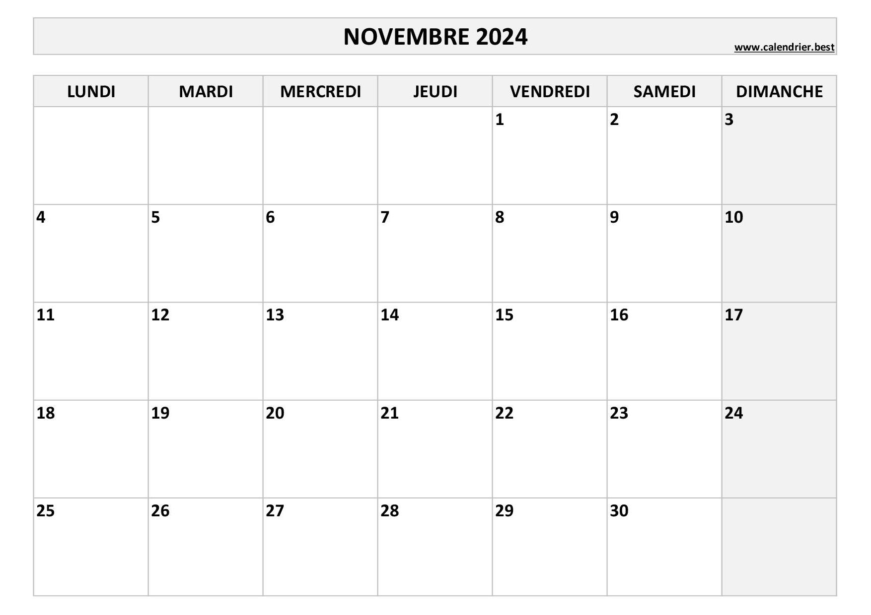 Calendrier Novembre 2024 à imprimer