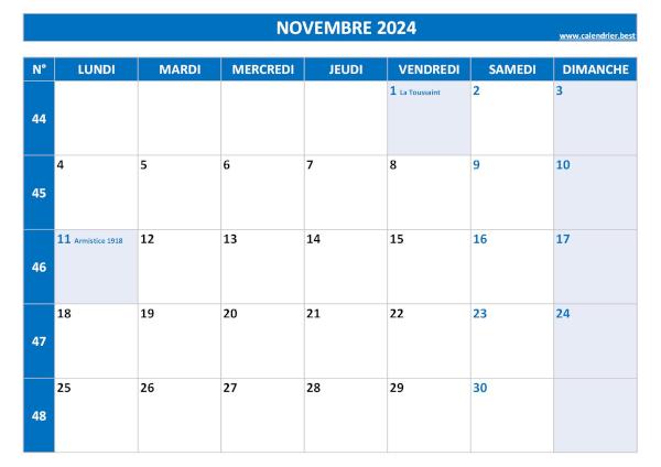 Calendrier novembre 2024 avec semaines.