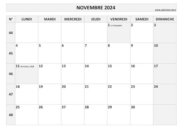 Calendrier novembre 2024 avec numéros de semaine et jours fériés.
