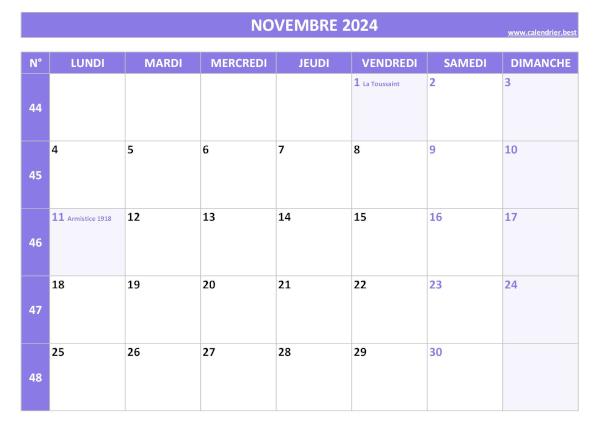 Calendrier du mois de novembre 2024 avec semaines à imprimer.