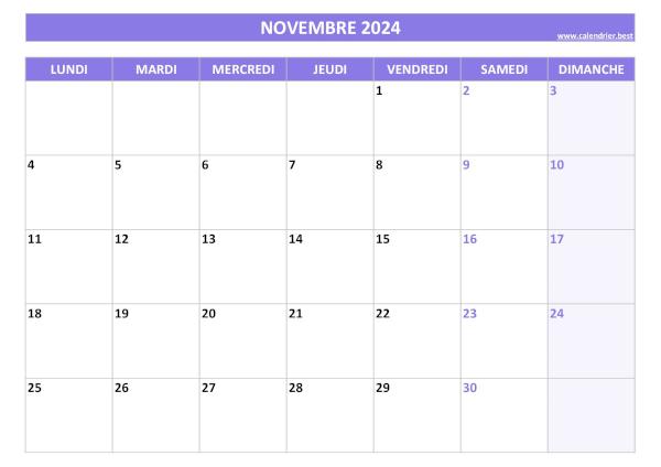 Calendrier du mois de novembre 2024 à imprimer.