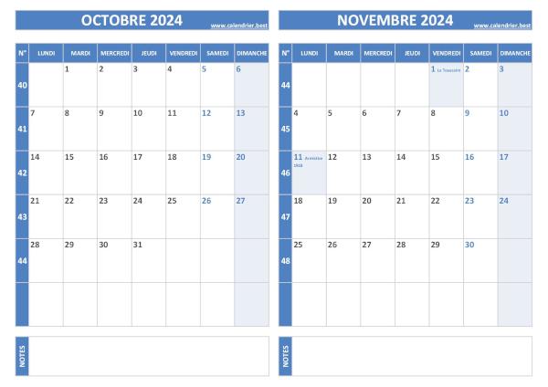 Calendrier octobre novembre 2024.