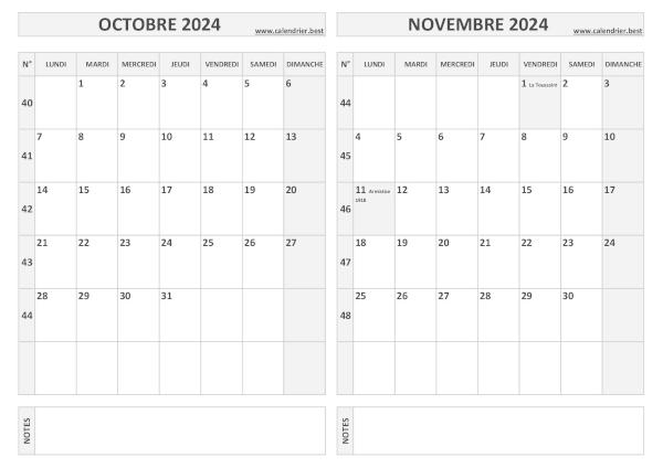 Calendrier octobre novembre 2024.