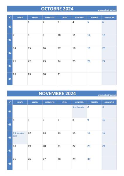 Calendrier octobre novembre 2024, portrait, bleu.