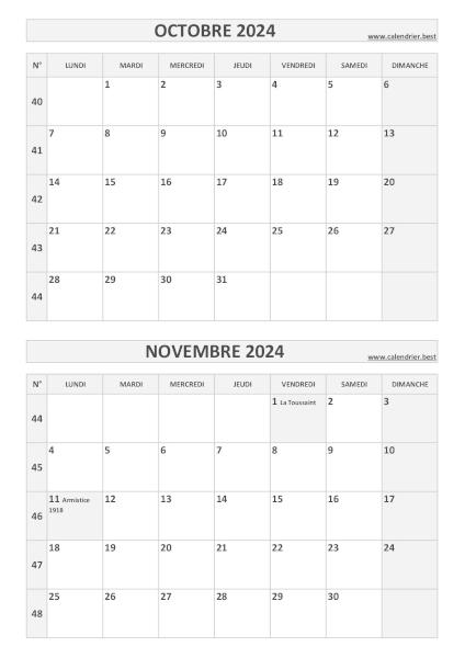 Calendrier octobre novembre 2024, portrait, gris.