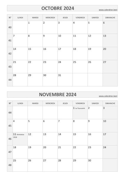 Calendrier pour le 3ème quadrimestre 2024 : mois de septembre, octobre,  novembre et décembre 2024