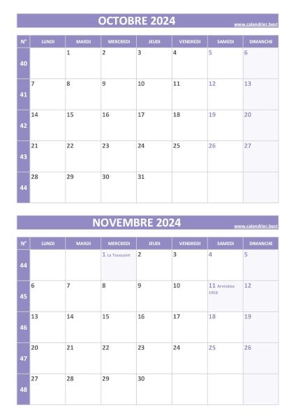 Calendrier octobre novembre 2024, portrait, violet.