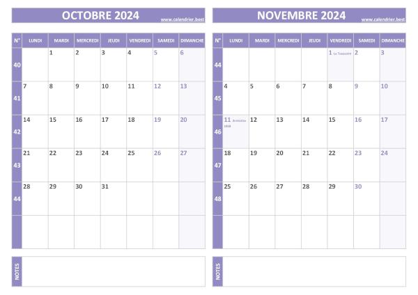 Calendrier octobre novembre 2024.