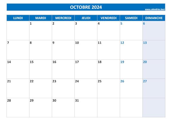 Calendrier du mois d'octobre 2024 à imprimer.