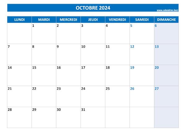 Calendrier Octobre 2024 à imprimer.