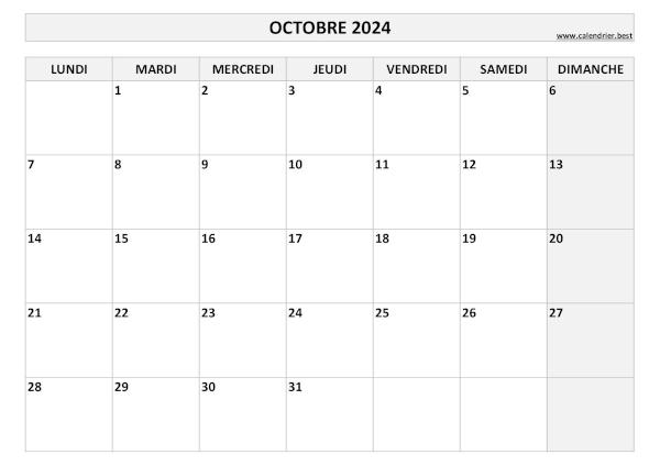 Calendrier Octobre 2024 à imprimer.