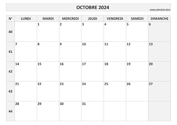 Calendrier octobre 2024 avec numéros de semaine et jours fériés.