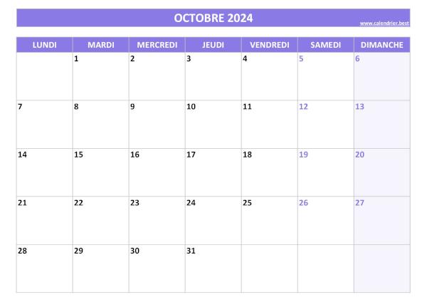 Calendrier Octobre 2024 à imprimer.