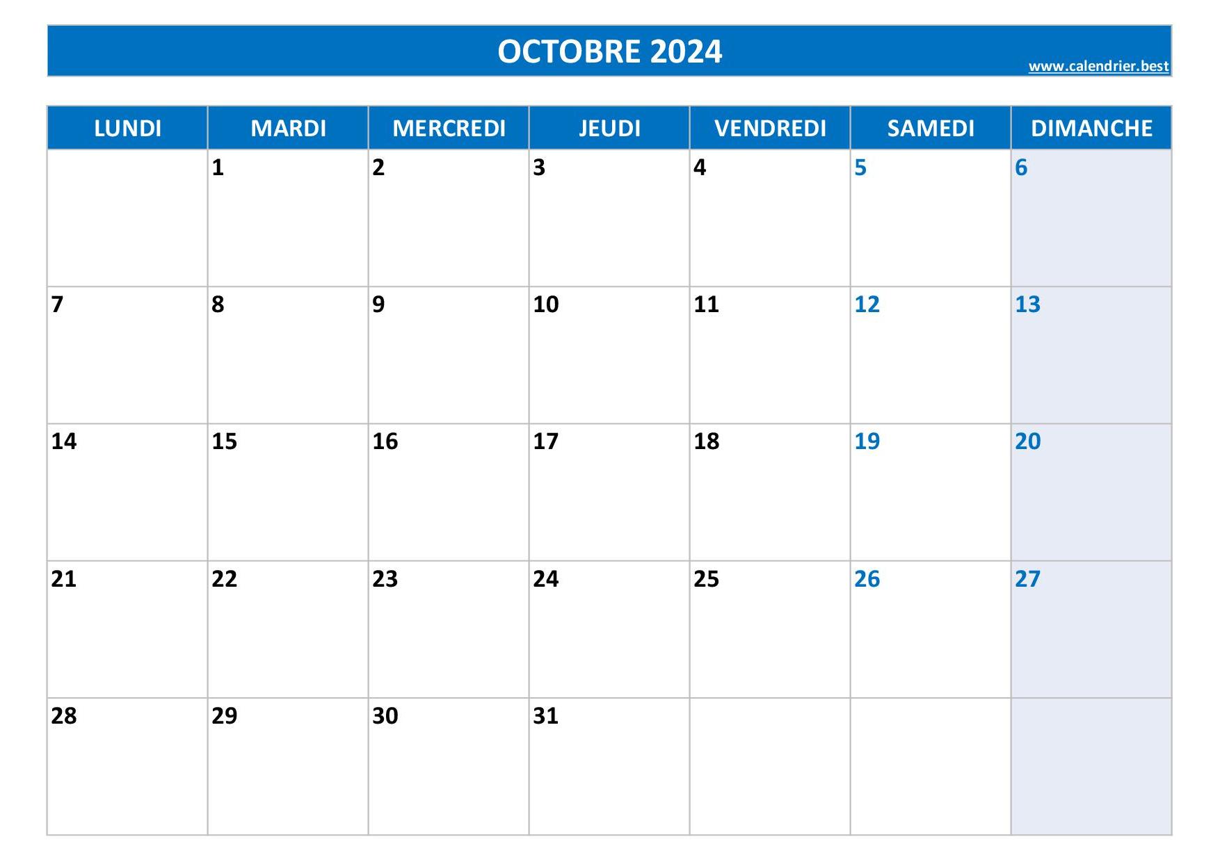 Calendrier 2024 mensuel à imprimer