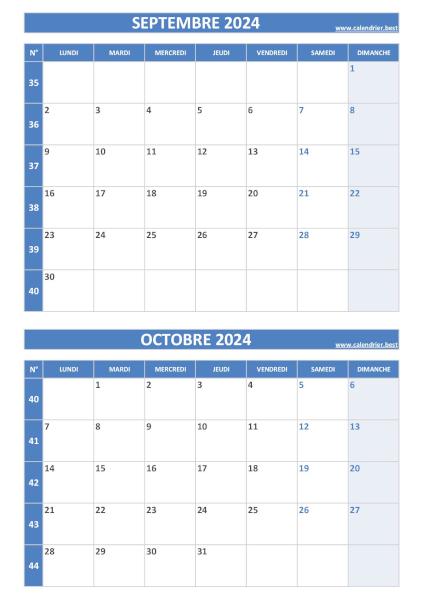 Calendrier septembre octobre 2024, portrait, bleu.