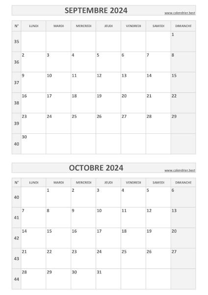 Calendrier des mois de septembre et octobre 2024 à imprimer sur une page au format portrait, template gris. Calendrier septembre octobre 2024, portrait, gris.