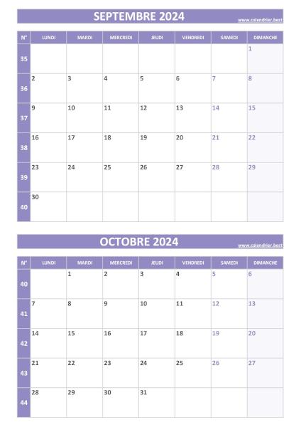 Calendrier septembre octobre 2024, portrait, violet.