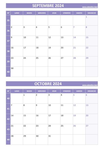 Calendrier des mois de septembre et octobre 2024 à imprimer sur une page au format portrait, template violet. Calendrier septembre octobre 2024, portrait, violet.