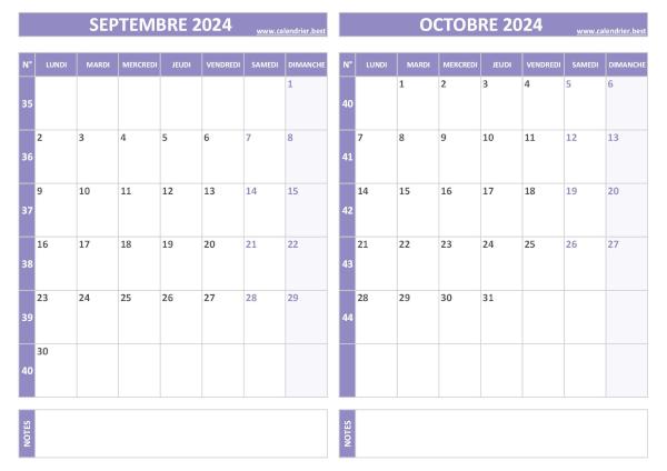 Calendrier septembre octobre 2024.